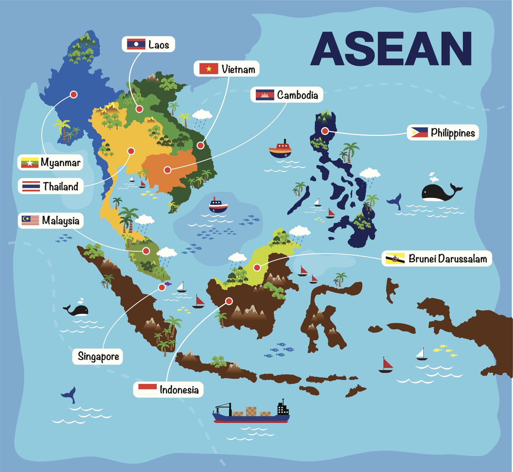 Cartoon Map Of Asean, Asia, Aec