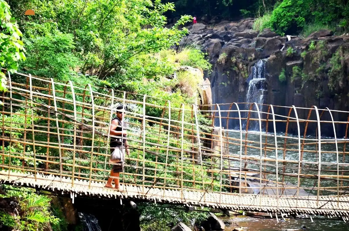 Laos Bamboo Bridge With Waterfall