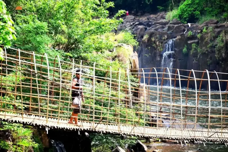 Laos Bamboo Bridge With Waterfall